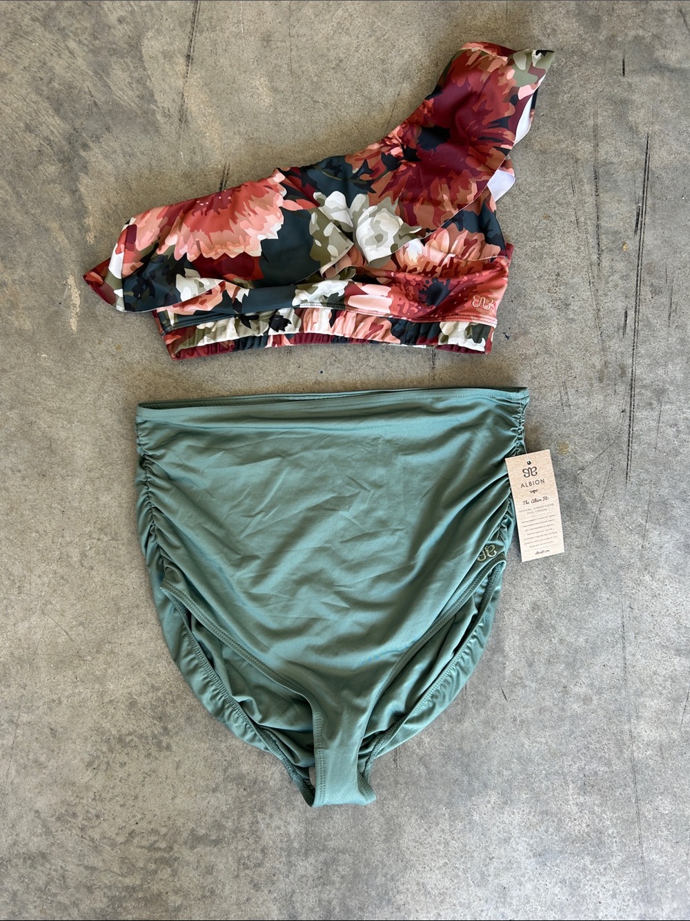 Albion Floral One-Shoulder Bikini Top with Sage High-Waist Bottoms